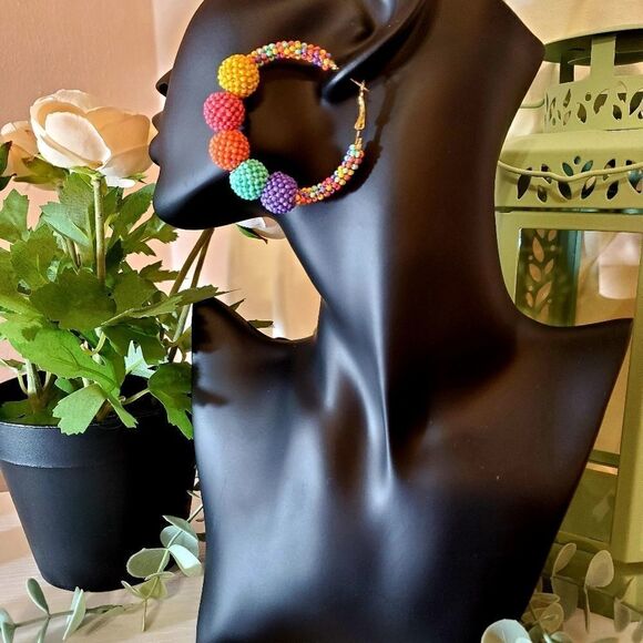 Pretty Pink Boutique Jewelry - Multi-color Seed Bead Ball Hoop Earrings